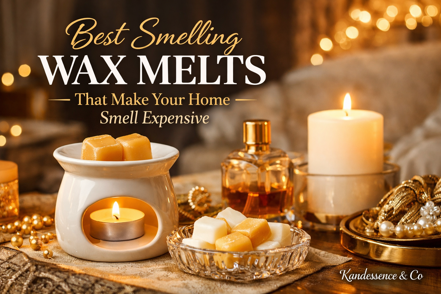 Best Smelling Wax Melts displayed in a luxury home setting with wax warmer and candle by Kandessence Co
