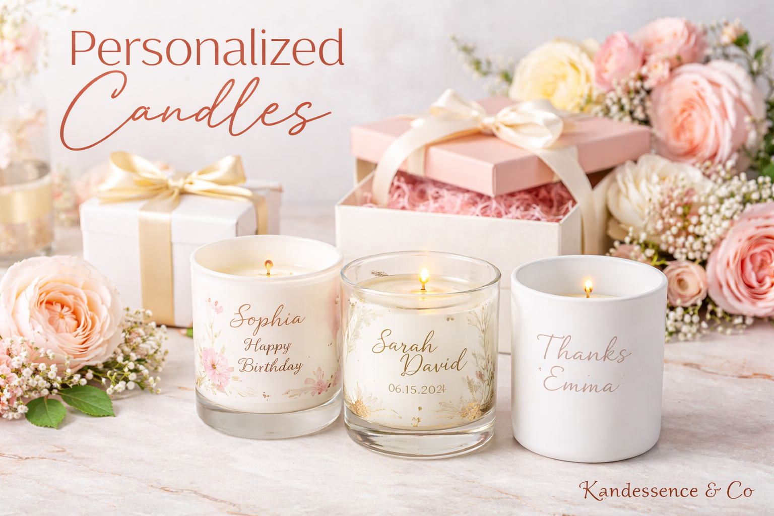 Personalized candles in a luxury gift box with custom scents
