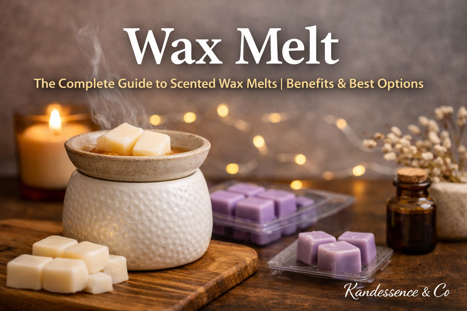 Wax melt cubes melting in a ceramic warmer with fragrant steam, Kandessence & Co