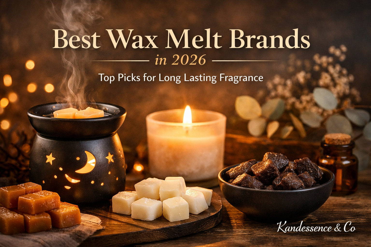 Top wax melt brands 2026 showing wax cubes and warmers with Kandessence & Co
