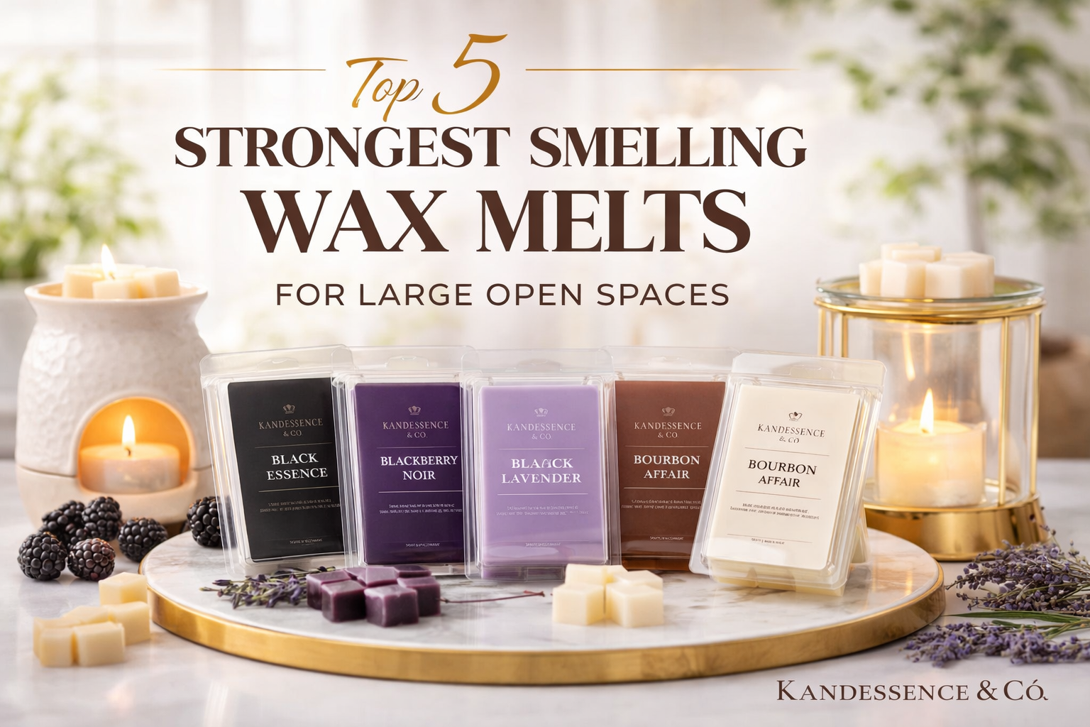 Top 5 strongest smelling wax melts by Kandessence & Co on wax warmers for large open spaces.