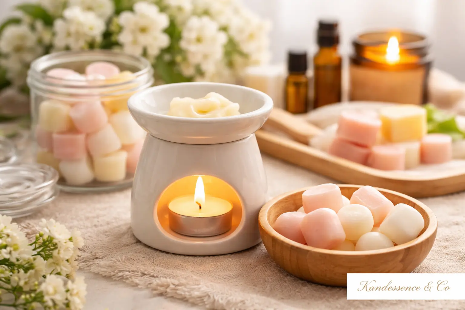 Lit wax melt warmer with melting wax cubes, showcasing strong scent throw in a cozy home setting