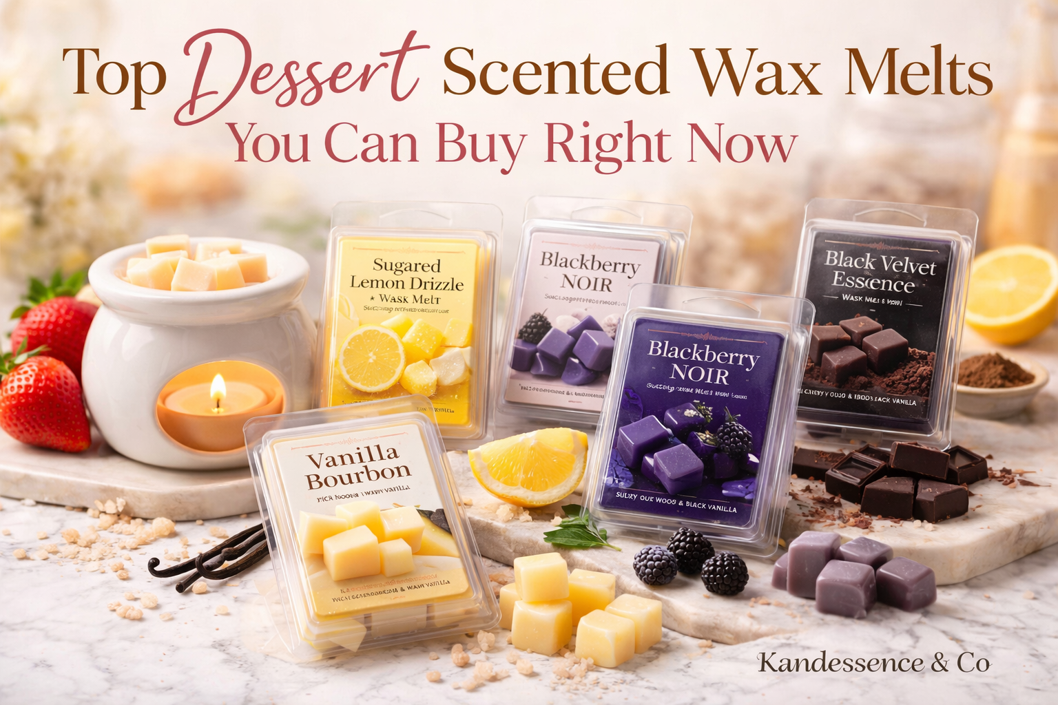 Luxury dessert scented wax melts collection with sweet bakery vanilla caramel and chocolate fragrance for cozy home ambiance