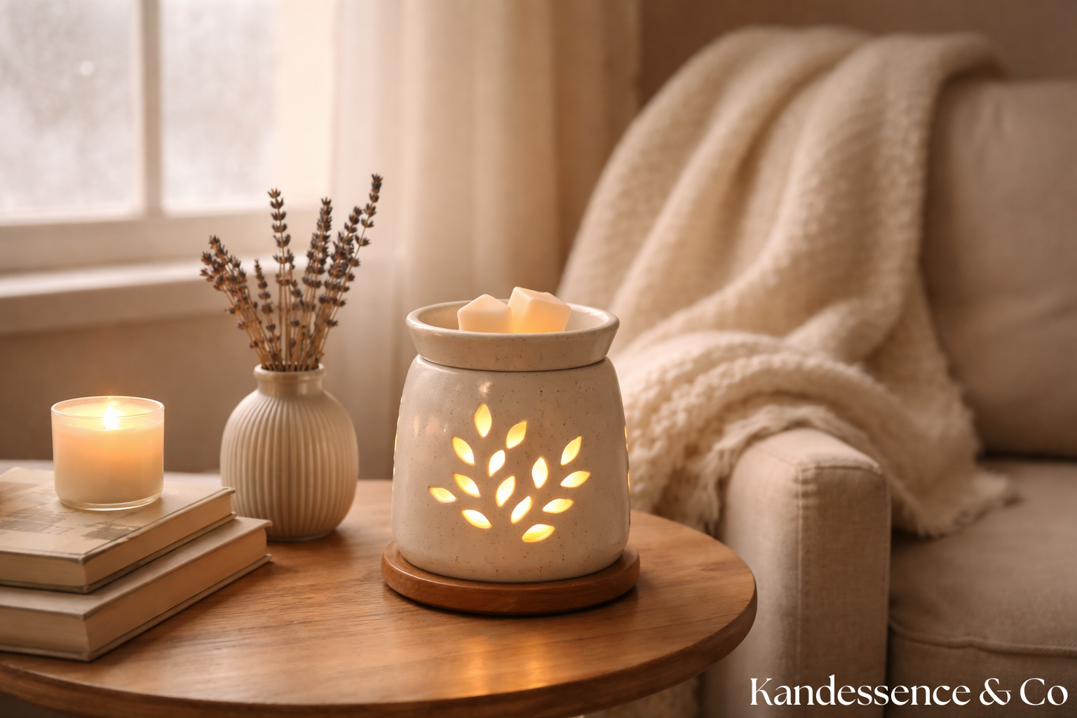 Cozy living room with wax melt warmer and lavender for seasonal affective disorder relief