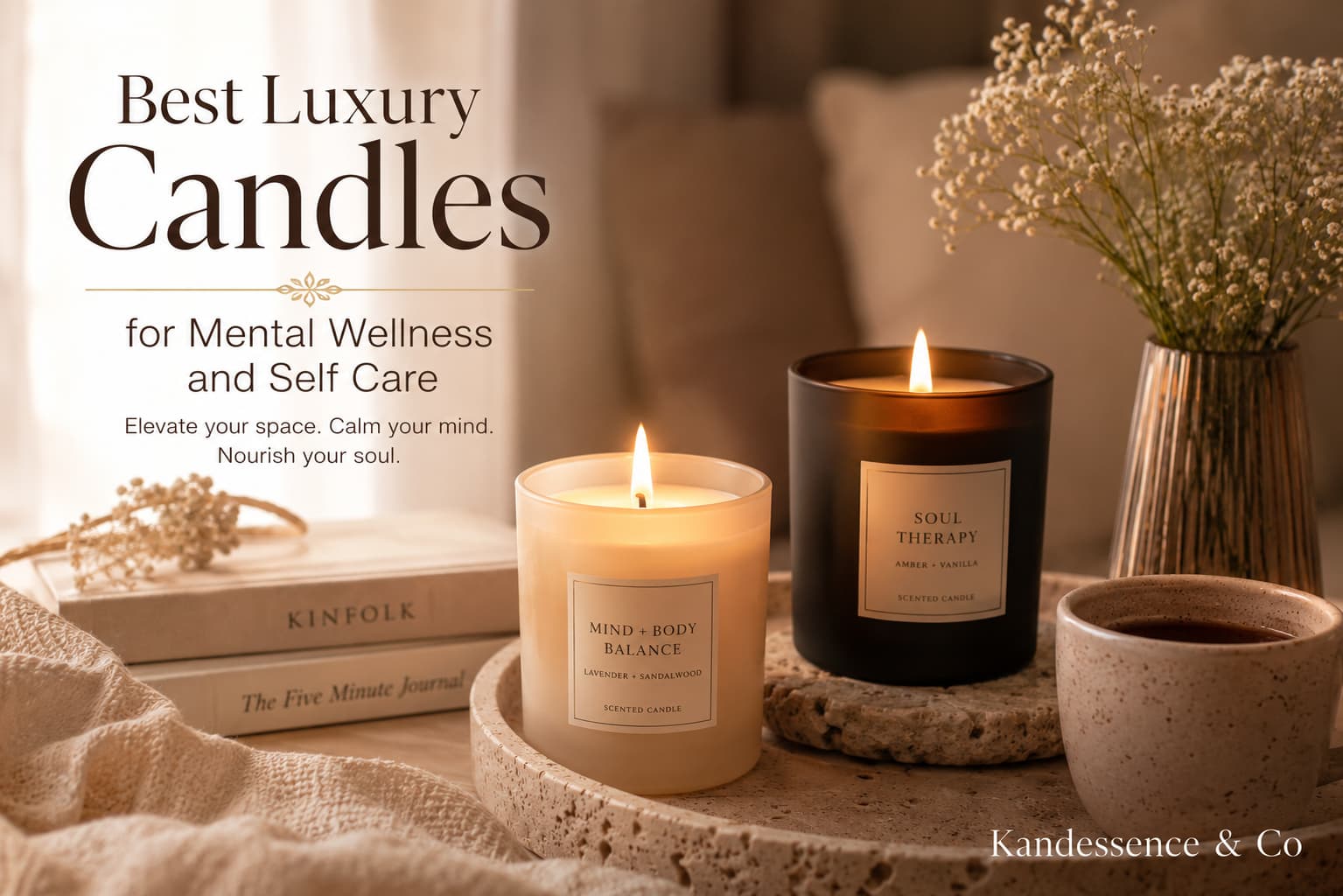 Best Luxury Candles by Kandessence & Co placed on a calm self-care table with soft natural light