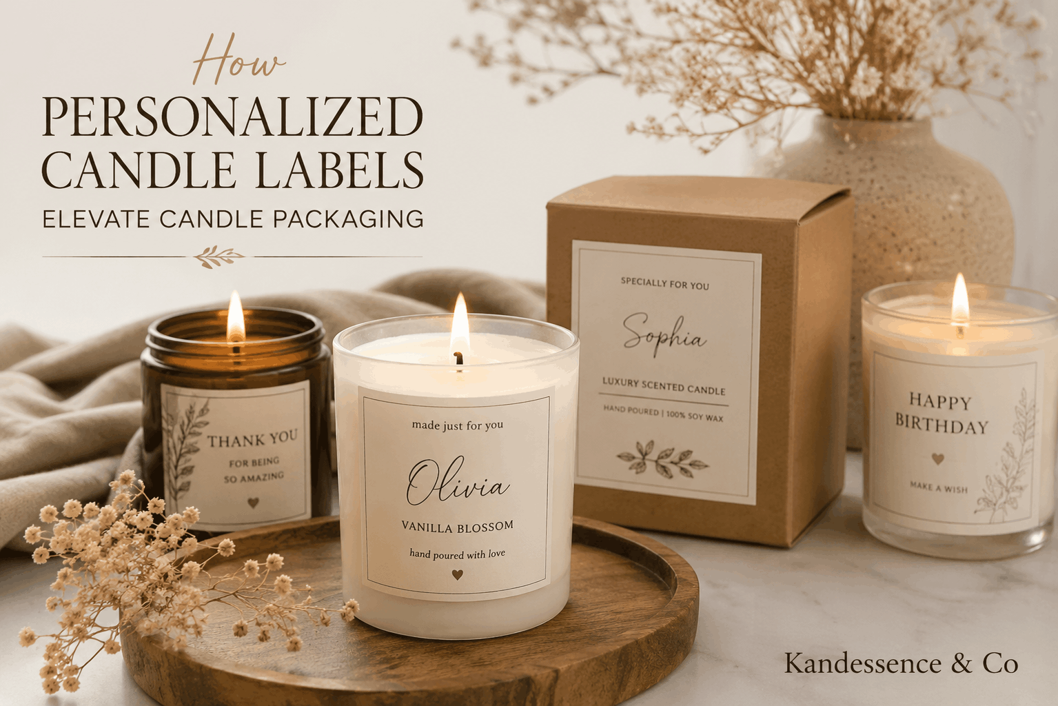 Personalized Candle Labels used for luxury candle packaging gifting and branding by Kandessence & Co with elegant custom designs