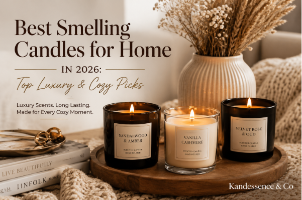 Best smelling candles for home in 2026 featuring luxury non toxic soy candles with a strong scent thrown on a cozy living room table.