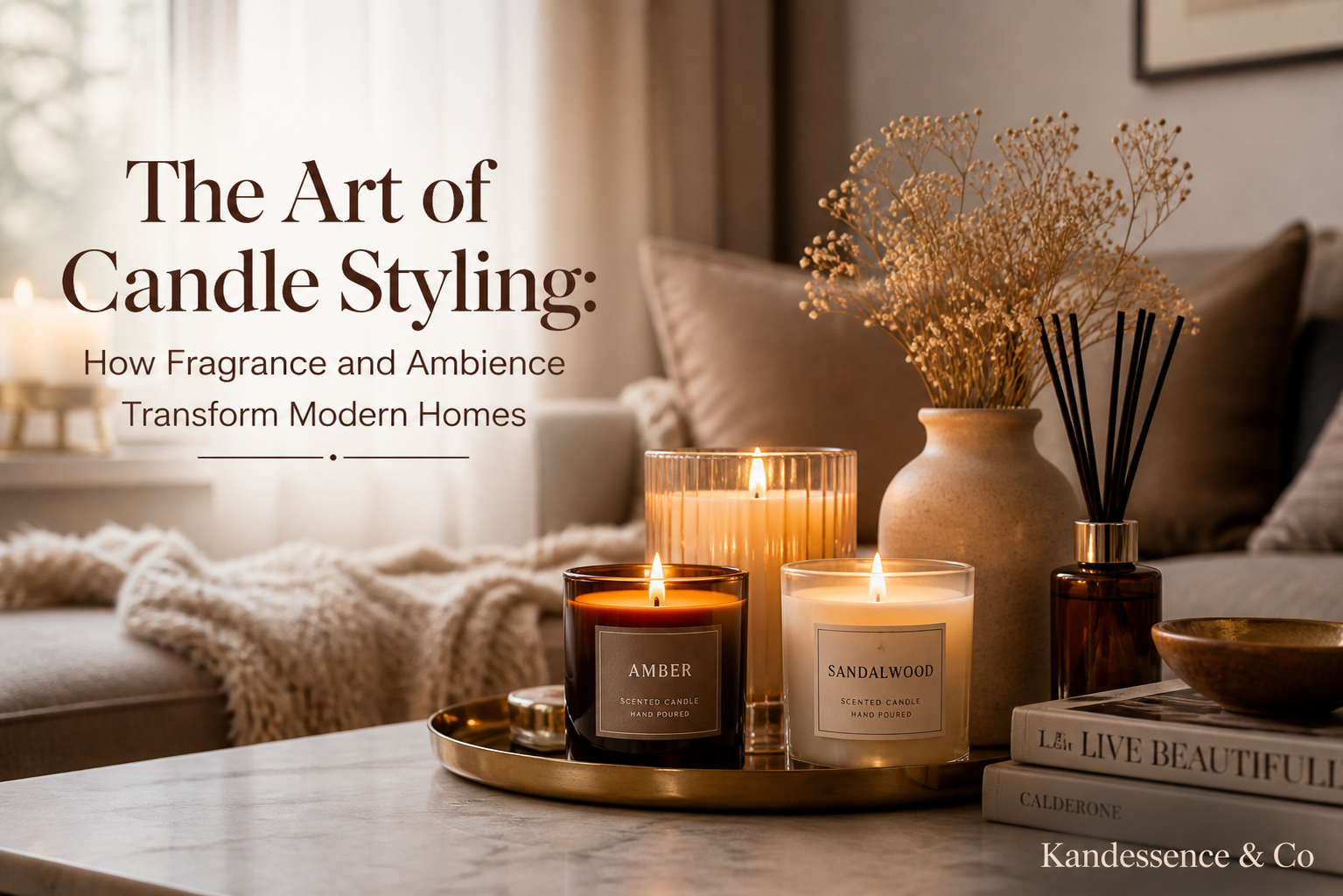 Candle styling on coffee table with three candles of different heights in a cozy living room