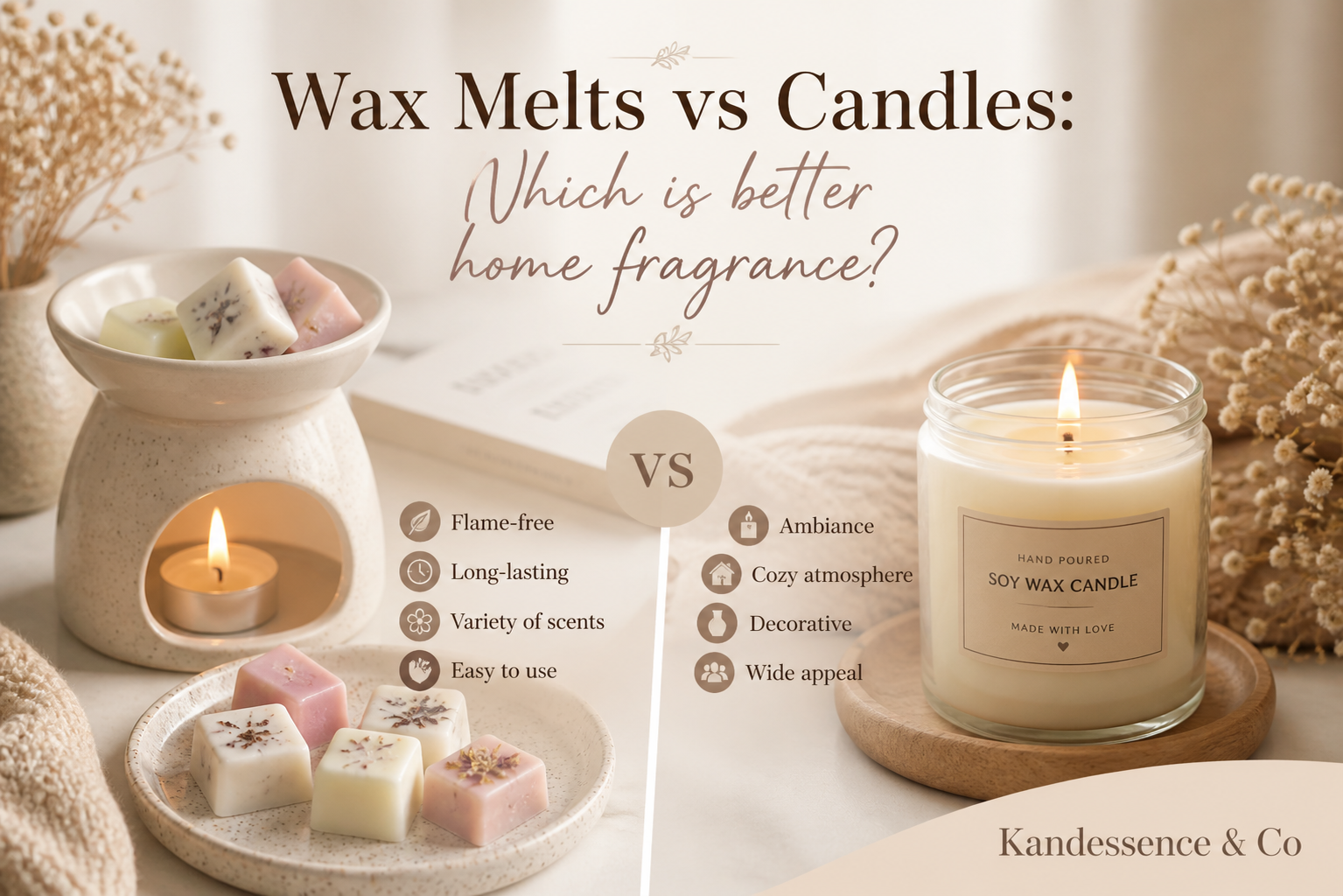 Split comparison of wax melts and candles in a cozy home fragrance scene showing ambiance safety and scent experience