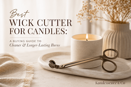 Person using a wick cutter to trim a candle wick inside a glass jar for a cleaner burn.